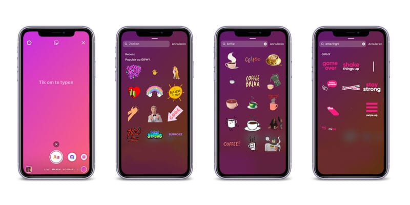 Vier smartphones met Instagram stickerschermen.