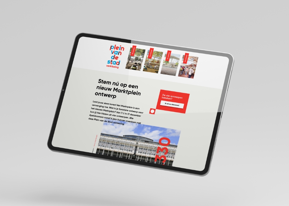 Tablet met website waarop inwoners van Apeldoorn kunnen stemmen op een nieuw ontwerp voor het Marktplein.