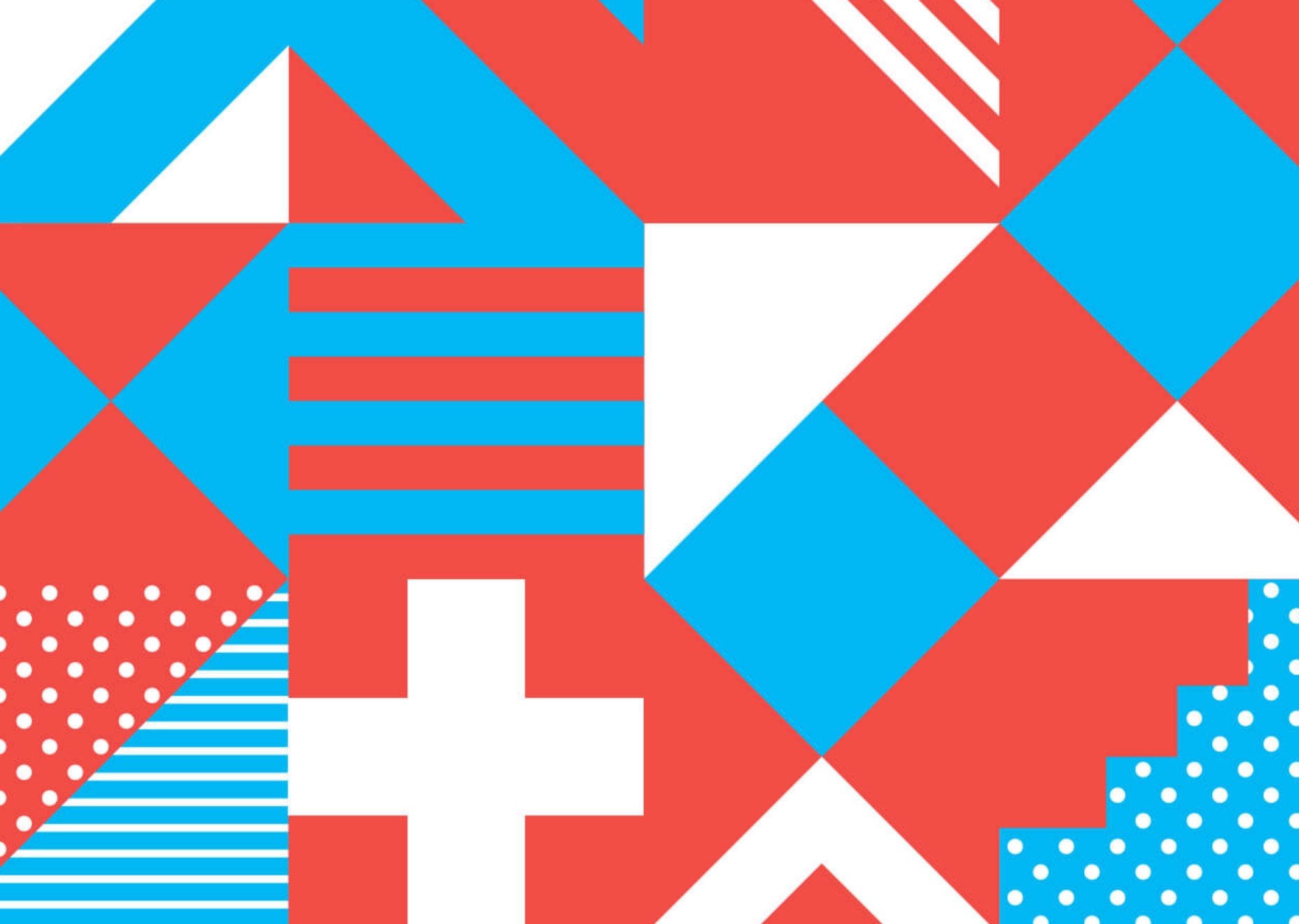 Abstracte grafische afbeelding met rode, blauwe en witte vormen, gebruikt voor de campagne van het vernieuwde Marktplein in Apeldoorn