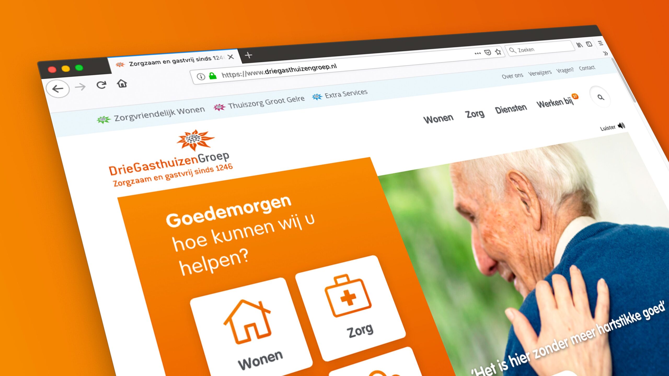 Mock-up van de DrieGasthuizenGroep website met zorginformatie.