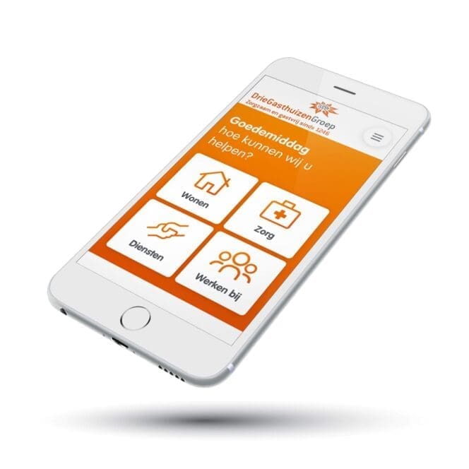Mobiele weergave van de DrieGasthuizenGroep website met opties voor Wonen, Zorg, Diensten en Werken bij.