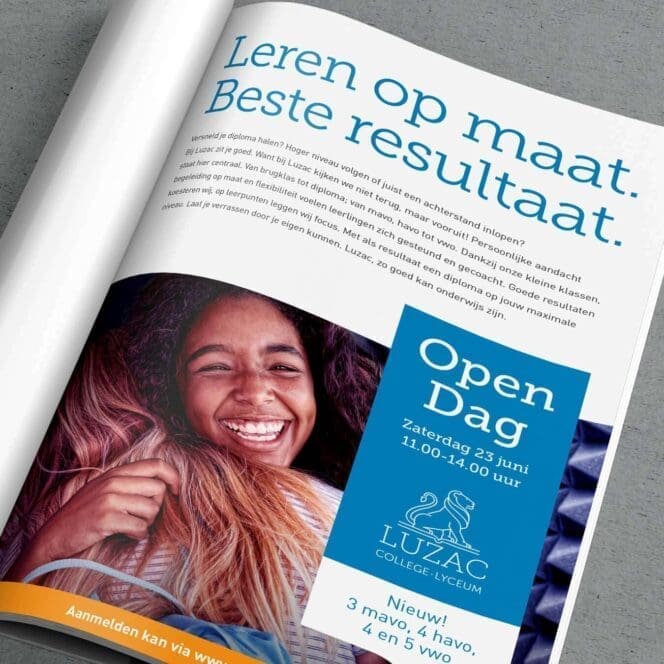 Advertentie voor Luzac College met open dag informatie.