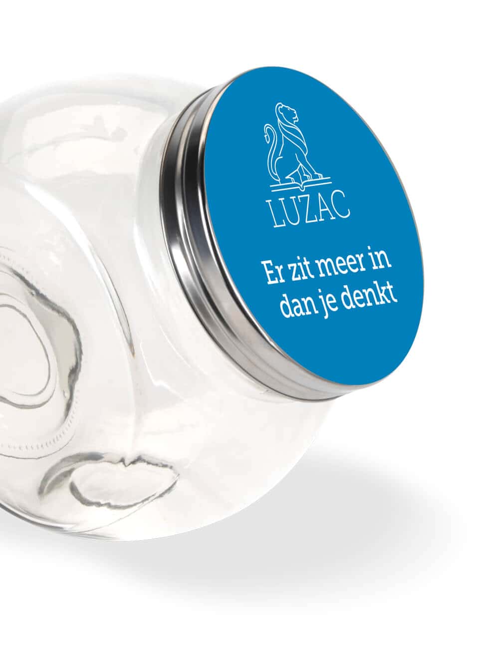 Glazen snoeppot met Luzac logo en tekst 'Er zit meer in dan je denkt'.