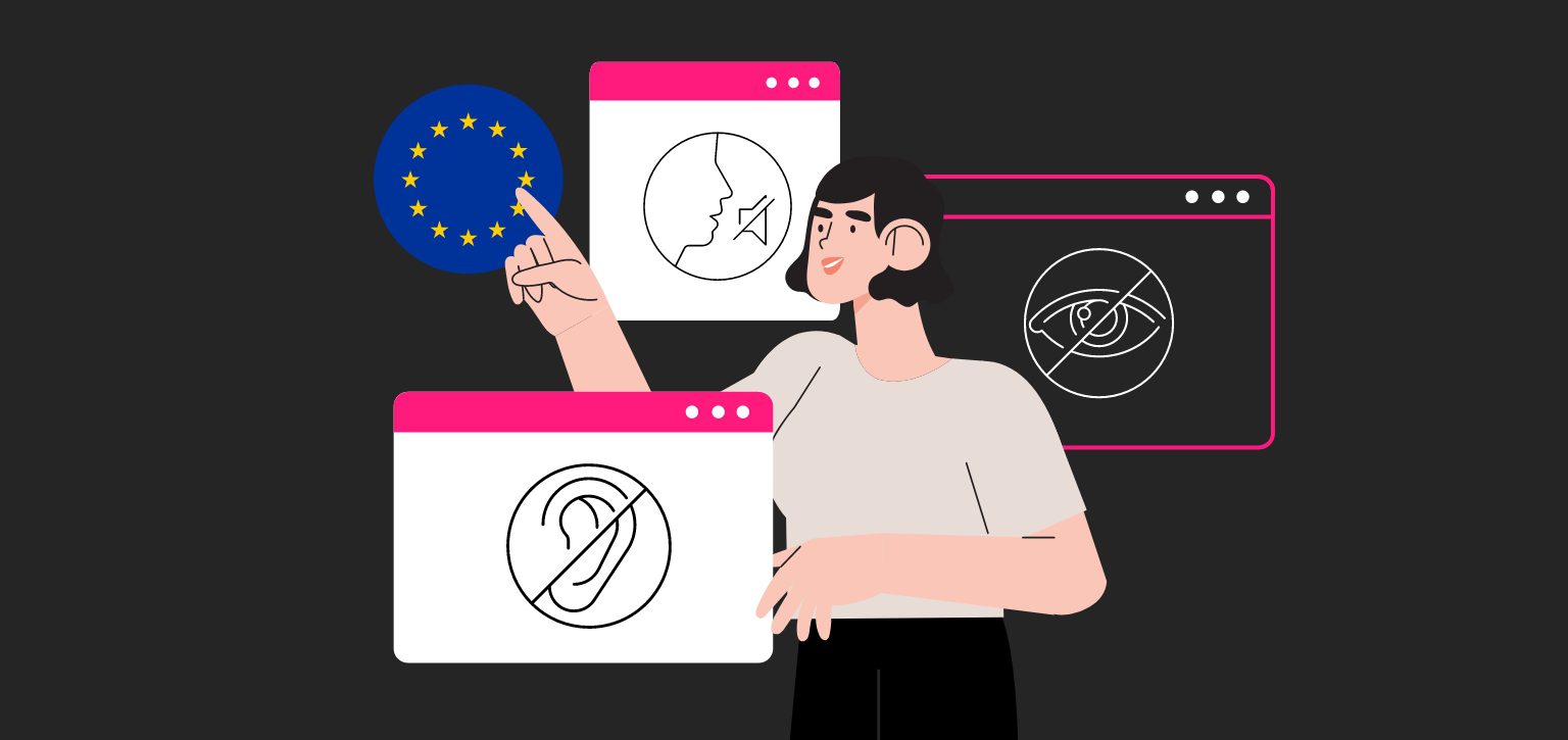 Illustratie van een vrouw die naar Europese toegankelijkheidssymbolen wijst.