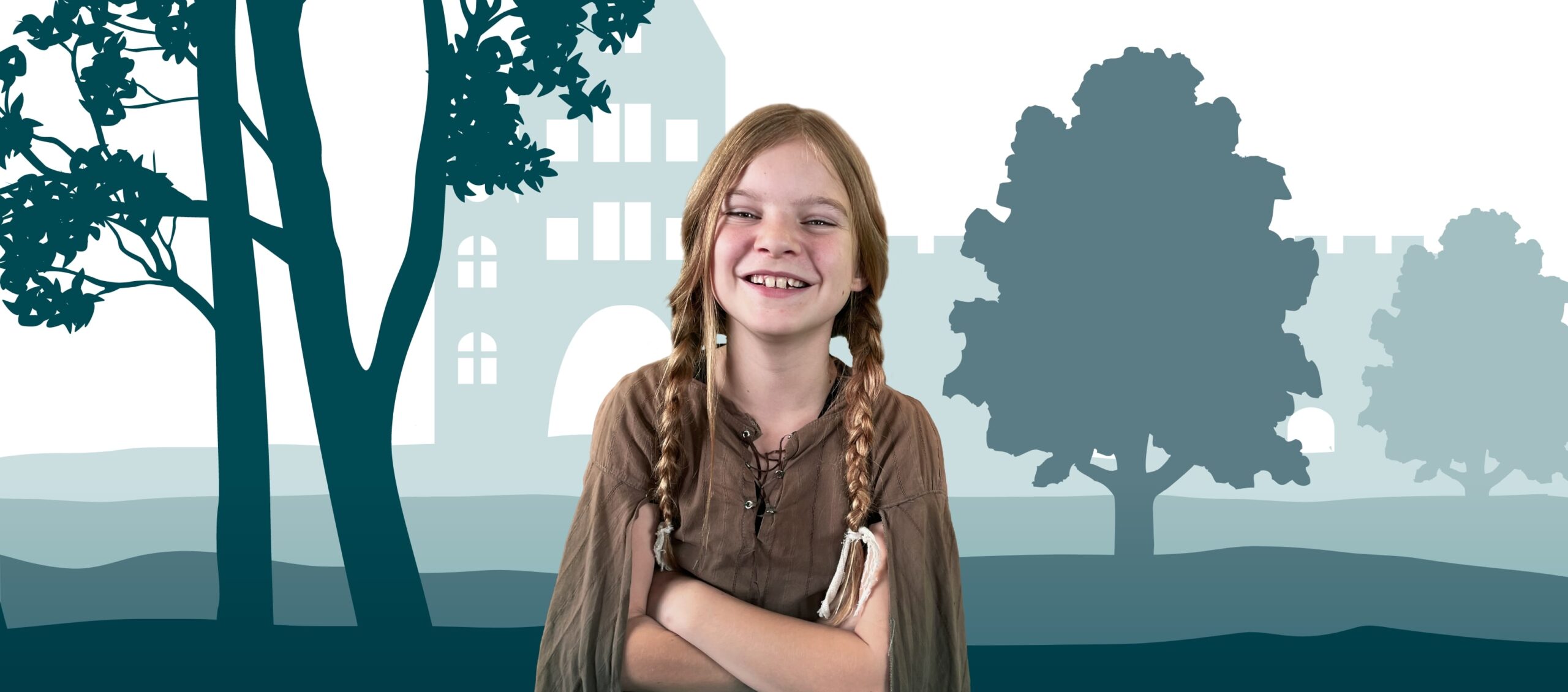 Lachend meisje in middeleeuwse kleding met kasteel op achtergrond.