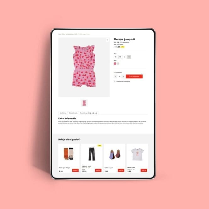 Productpagina op Wibrasite van een meisjes jumpsuit op een tablet.