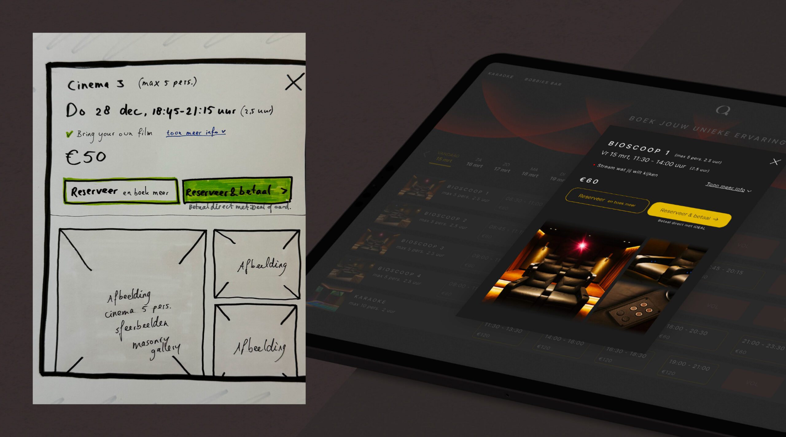 Wireframe van een bioscoopreserveringssysteem naast een tablet met bioscoopinterface.