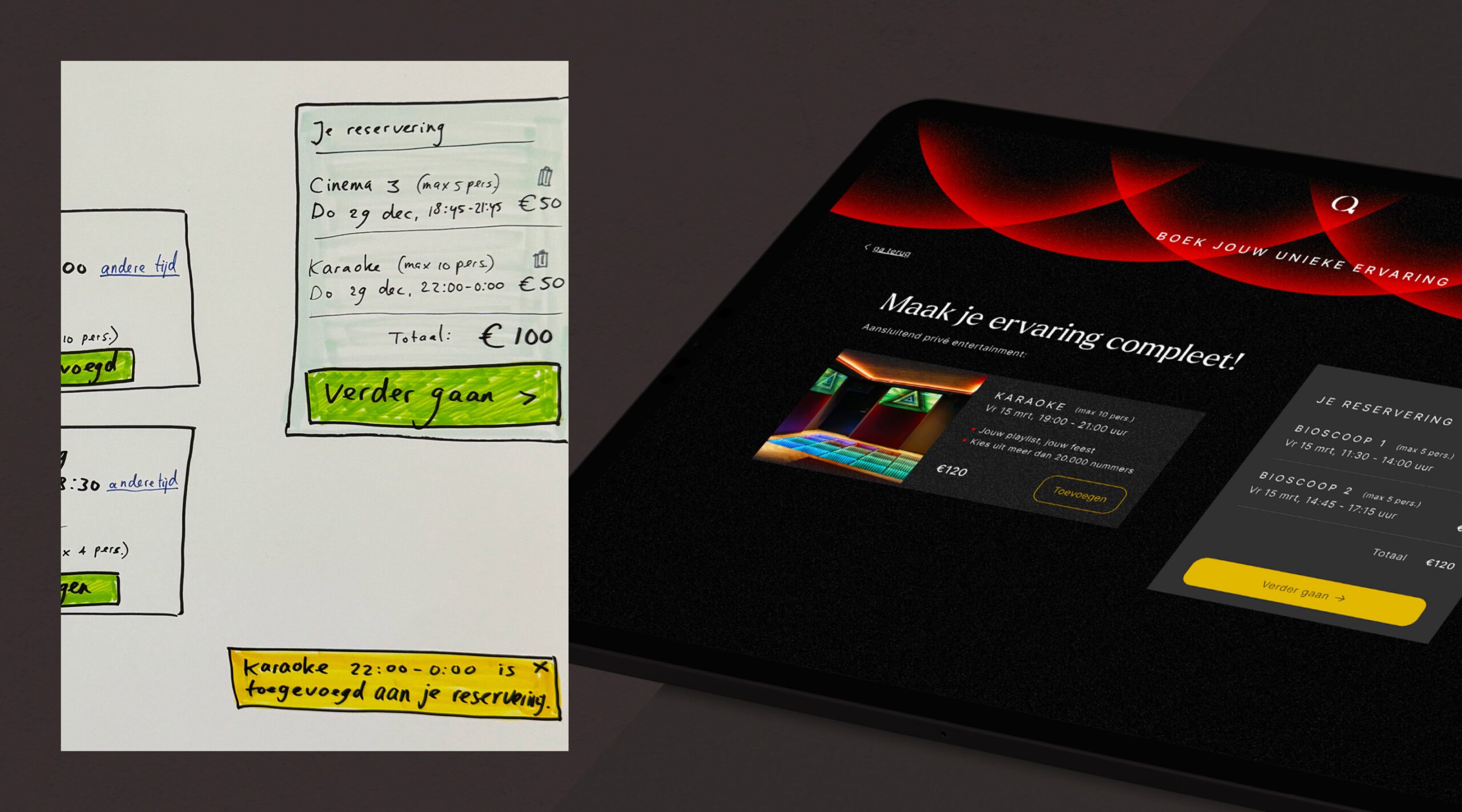 Een handgeschreven en digitale UX-ontwerp voor een reserveringssysteem.