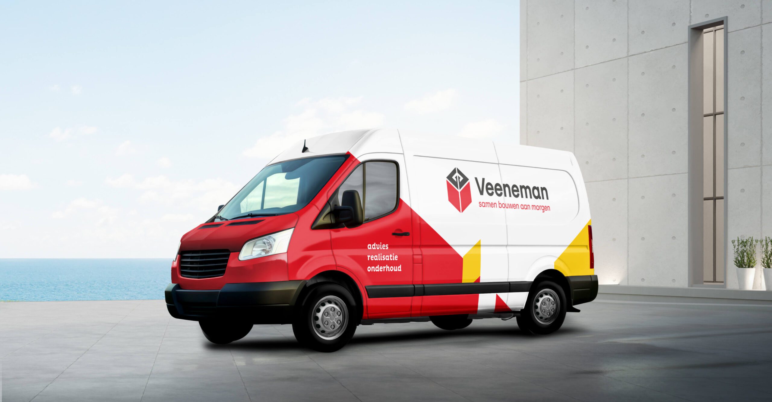 Veeneman bedrijfswagen met logo en slogan "samen bouwen aan morgen".