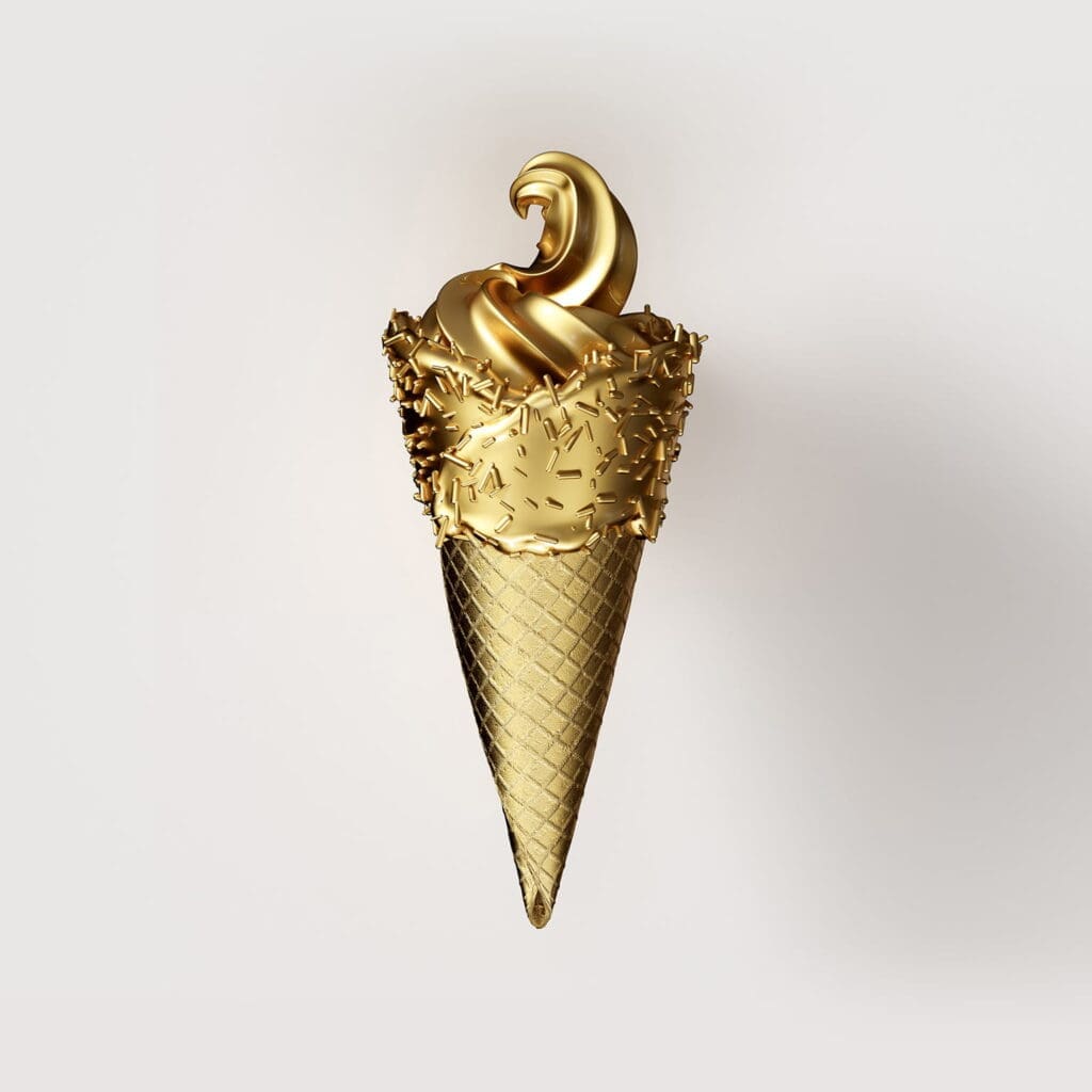 Gouden ijsje met hoorntje en sprinkles