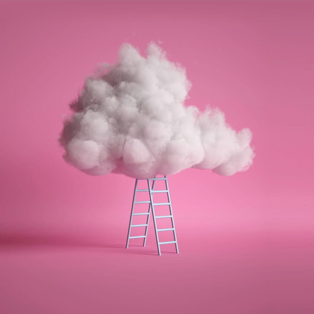 Een ladder die naar een wolk leidt tegen een roze achtergrond.