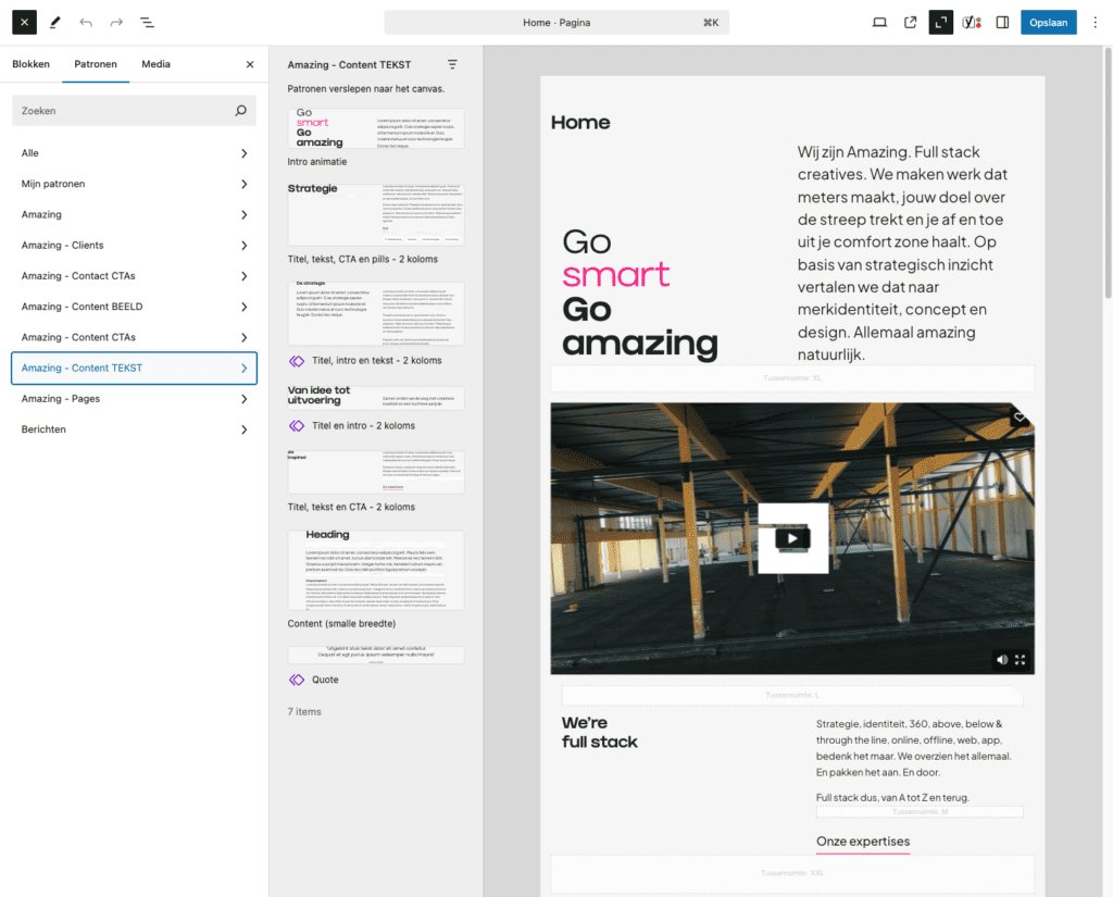 Patroonbibliotheek in WordPress Block Editor met verschillende contentstructuren.