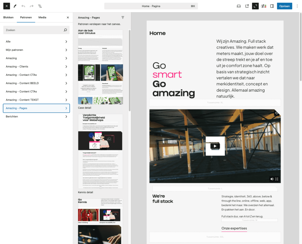 Full-page patronen selecteren in WordPress Block Editor voor nieuwe pagina’s.