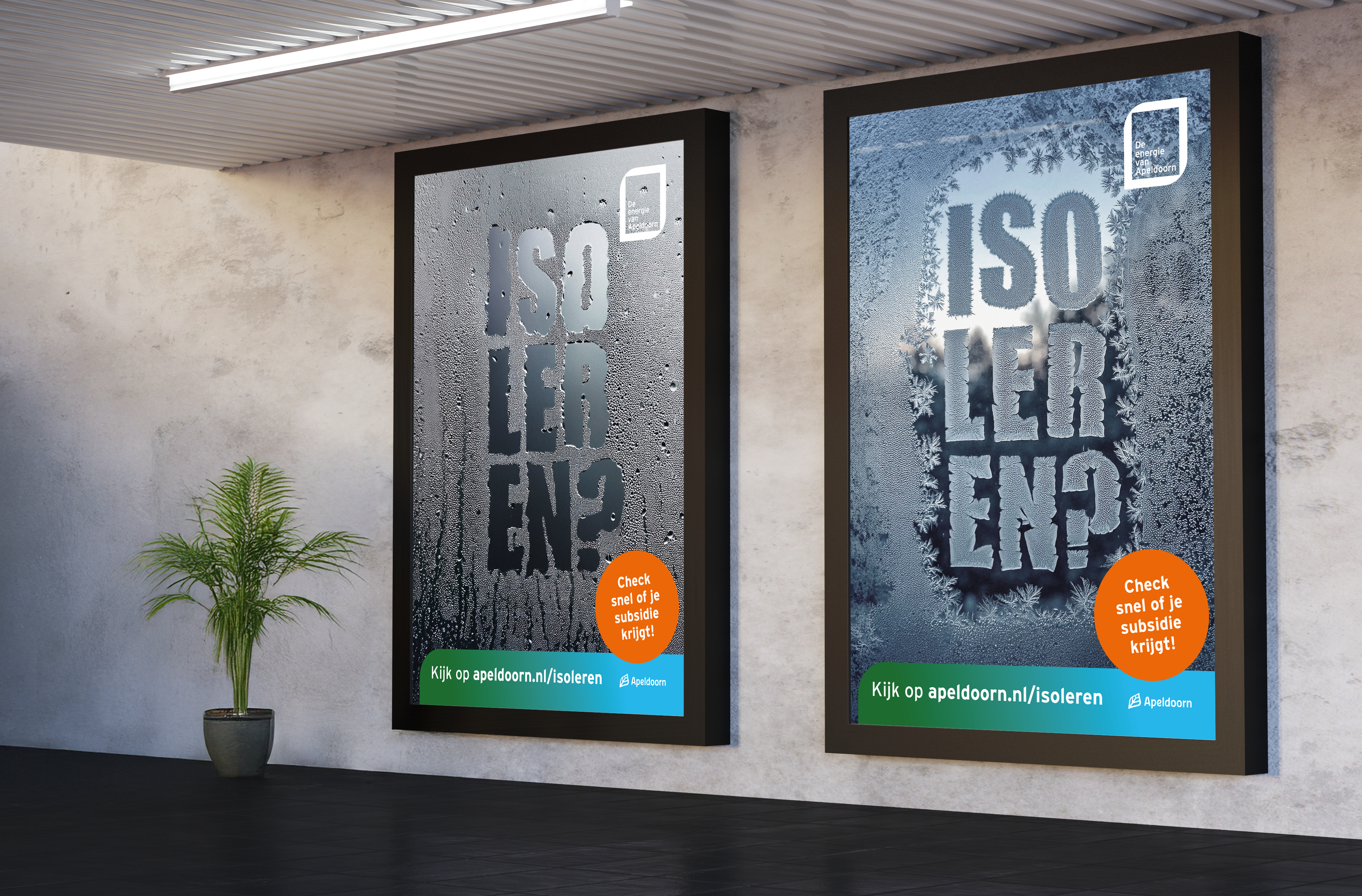 Twee reclameposters met de tekst 'Isoleren?' op beslagen ramen, met een oranje sticker 'Check snel of je subsidie krijgt!' en het logo van de gemeente Apeldoorn.