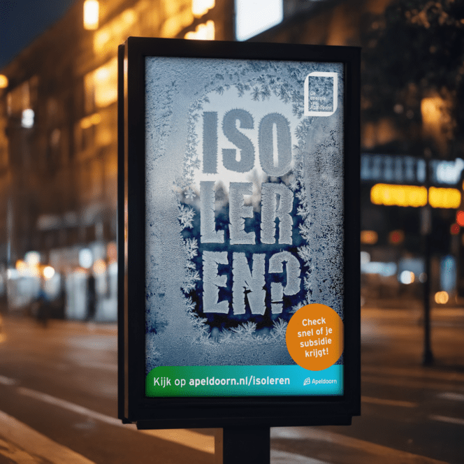 Billboard met bevroren ruit en de tekst 'Isoleren?' als campagne voor woningisolatie in Apeldoorn.