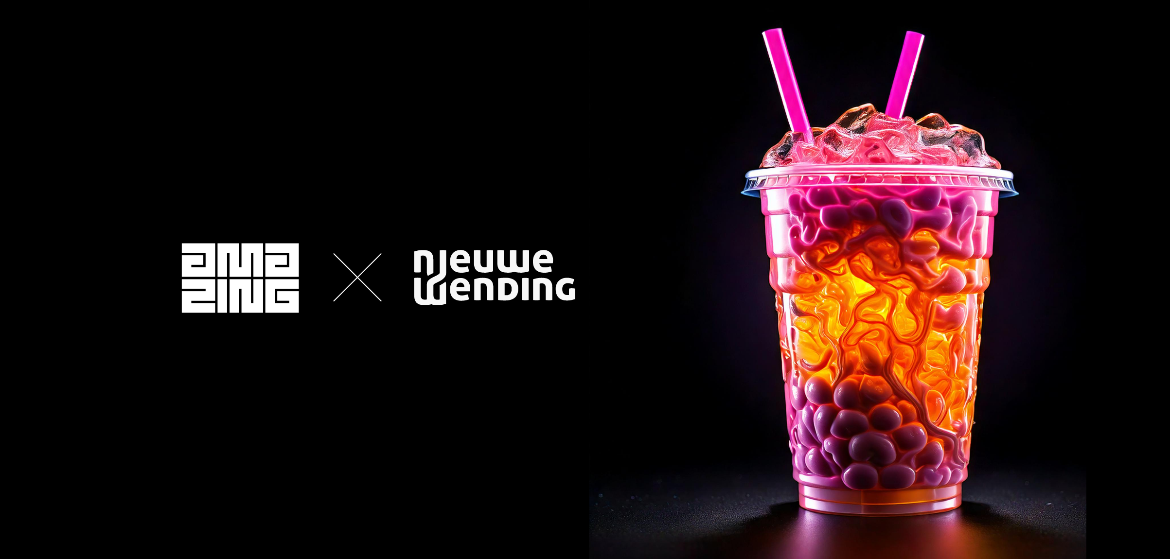 Logo's van Amazing en Nieuwe Wending naast een kleurrijke plastic beker met twee rietjes en ijsblokjes.