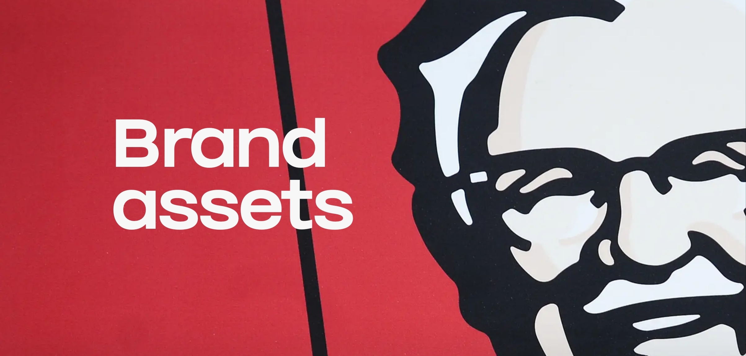 De tekst 'Brand assets' naast een grafische illustratie van een gezicht op een rode achtergrond.