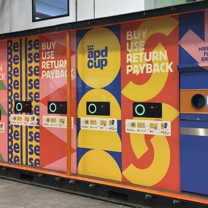 Inleverautomaten van het APD-CUP circulaire bekersysteem met kleurrijke branding en het stappenplan 'Buy, Use, Return, Payback'.