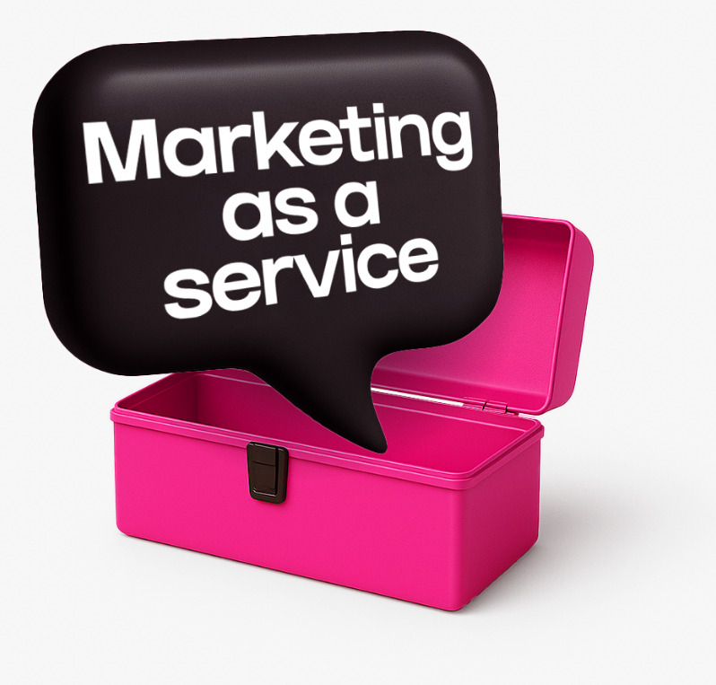 Roze gereedschapskist met tekstballon waarin 'Marketing as a service' staat