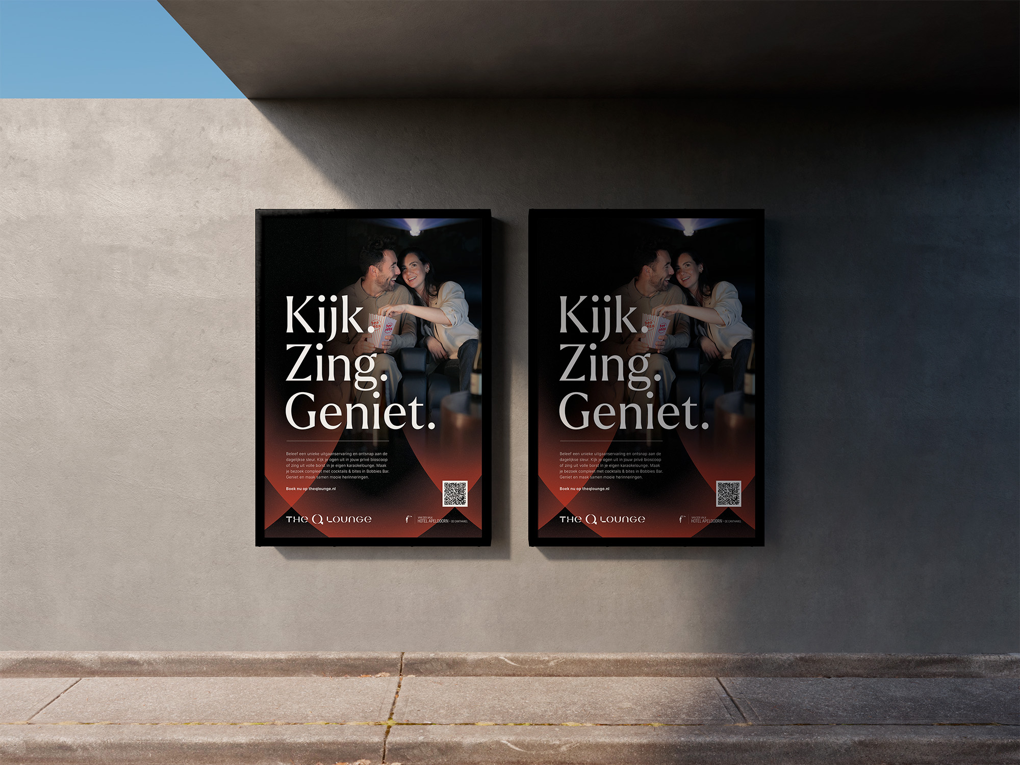Posterdesign voor The Q Lounge, het boutique entertainmentmerk van Van der Valk de Cantharel, met luxe visuele identiteit en introductie van film- en karaokebeleving